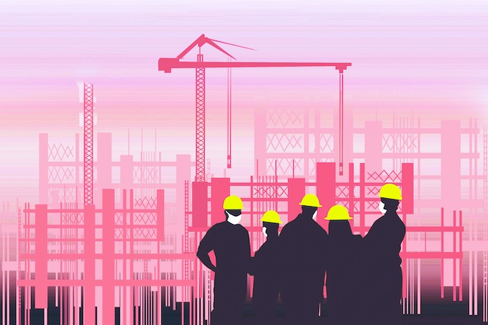 Builders on the background of the construction site picture